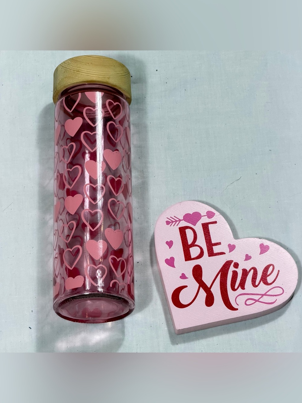 Valentine's Day Pink Heart Gift Set Glass Water Bottle Be Mine Wood Decor